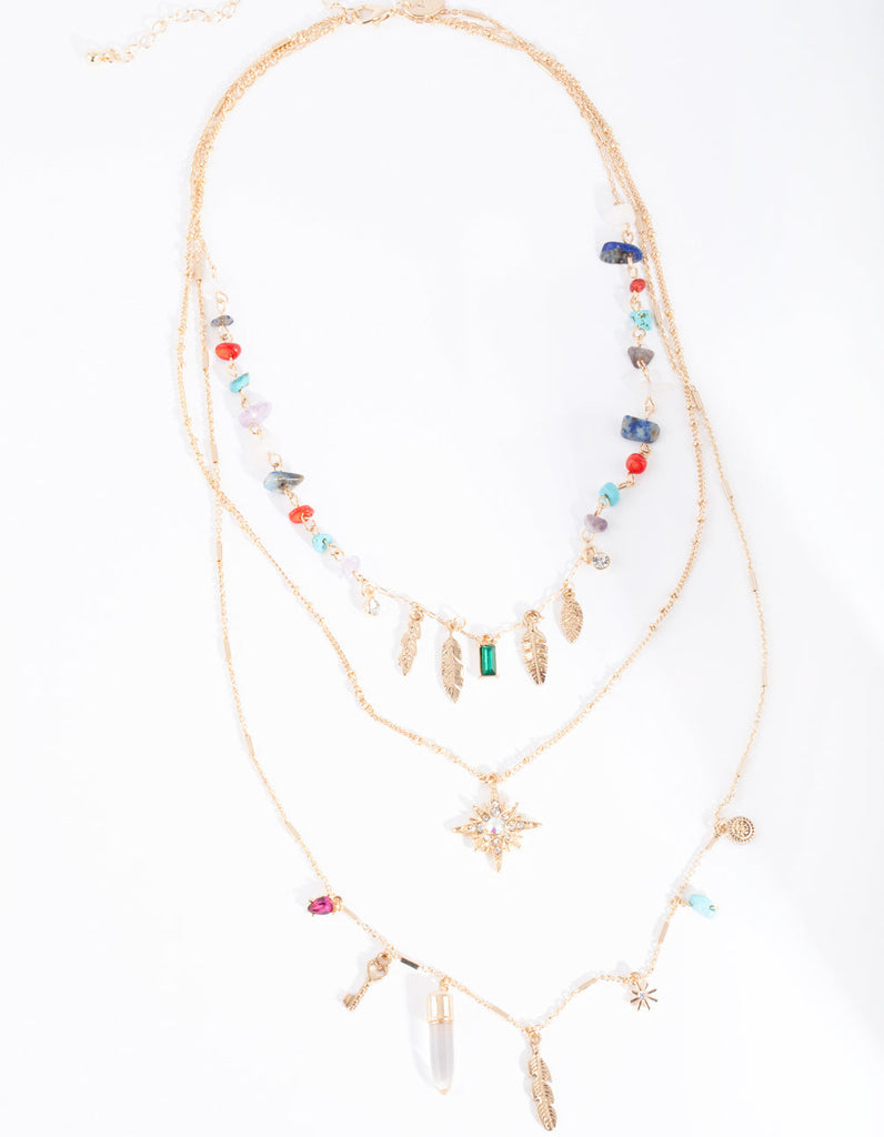 Gold Multi Layered Stone Charm Necklace