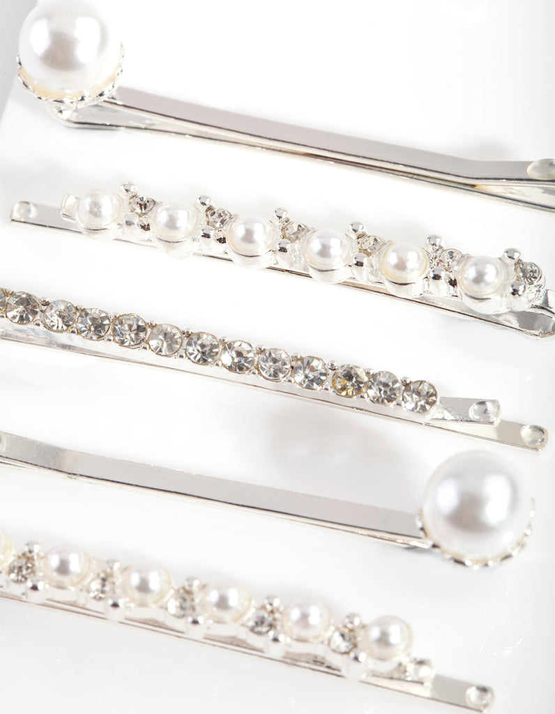 Silver Pearl & Crystal Hair Clip 6-Pack