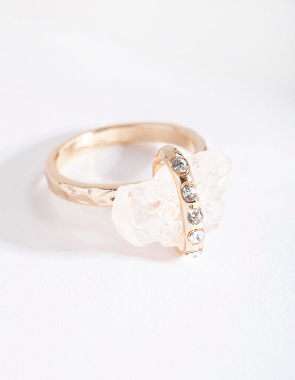 Gold Raw Stone With Diamante Strap Ring