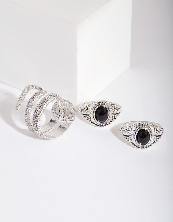 Antique Silver Bohemian Snake Ring Pack