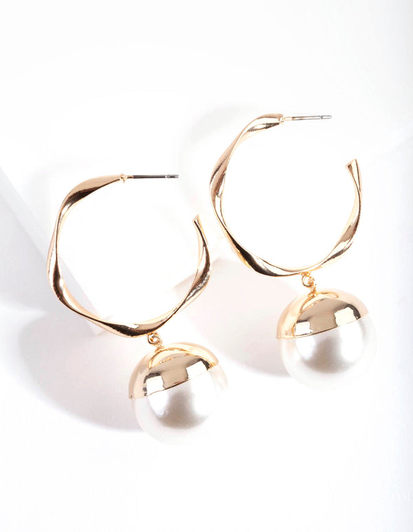 Gold Twisted Hoop Pearl Earring