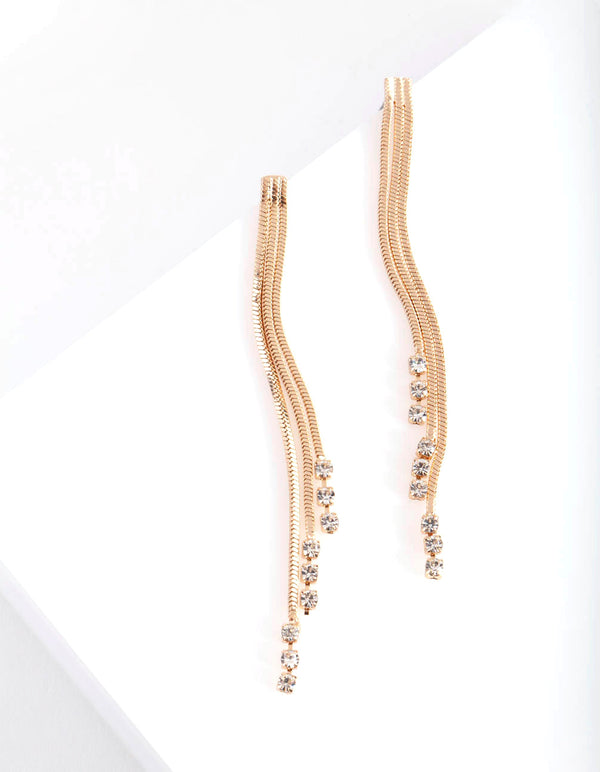 Gold 3 Diamante Chain Drop Earrings