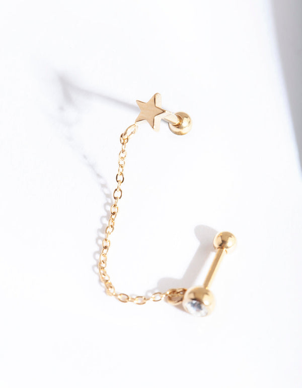 Gold Star & Diamante Chian Barbell Earrings
