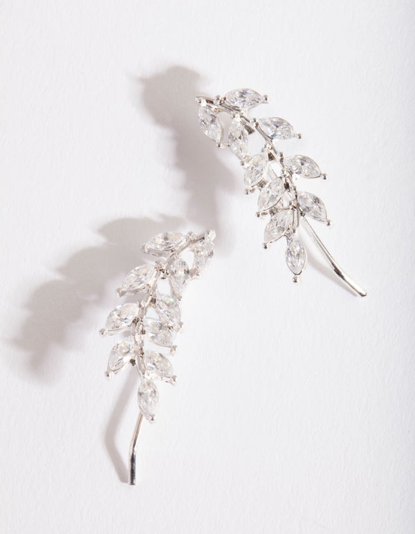 Silver Cubic Zirconia Elegant Leaf Drop Earrings