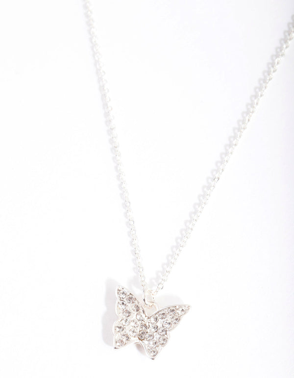 Silver Diamond Simulant Butterfly Necklace