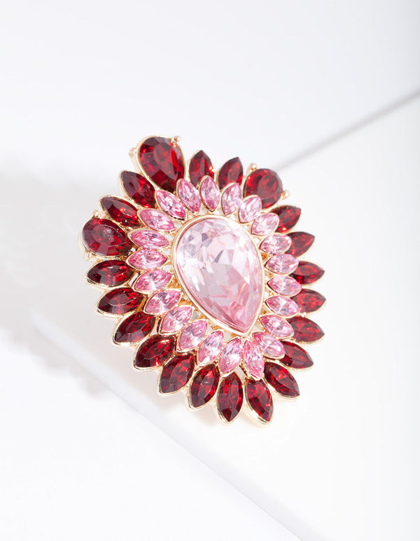 Gold Pink & Red Diamante Ring