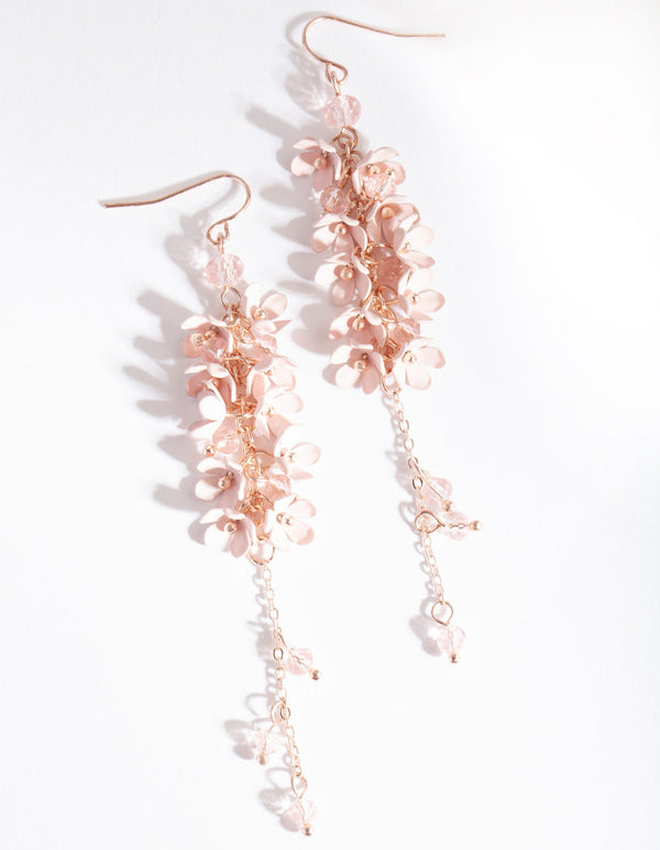 Rose Gold Pink Flower Cluster Drop Earrings