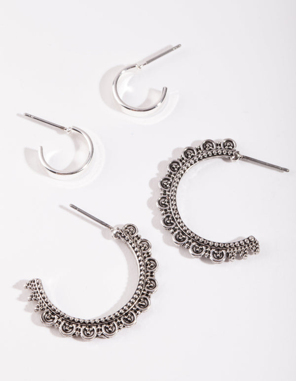 Antique Silver Textured Frill Hoop Earring Pack