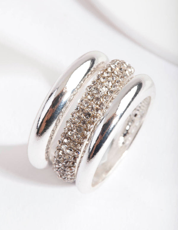 Silver Curve Band Diamante Ring 3 Pack