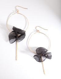 Gold Black Fabric Flower Hoop Earrings - link has visual effect only