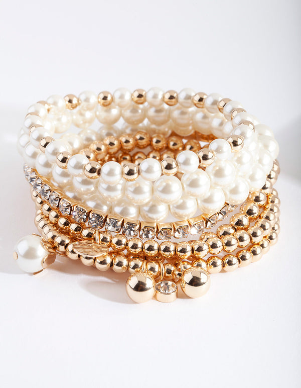 Gold Pearl & Diamante Stretch Bracelet 7-Pack