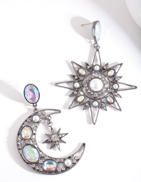 Gunmetal Star & Moon Earrings