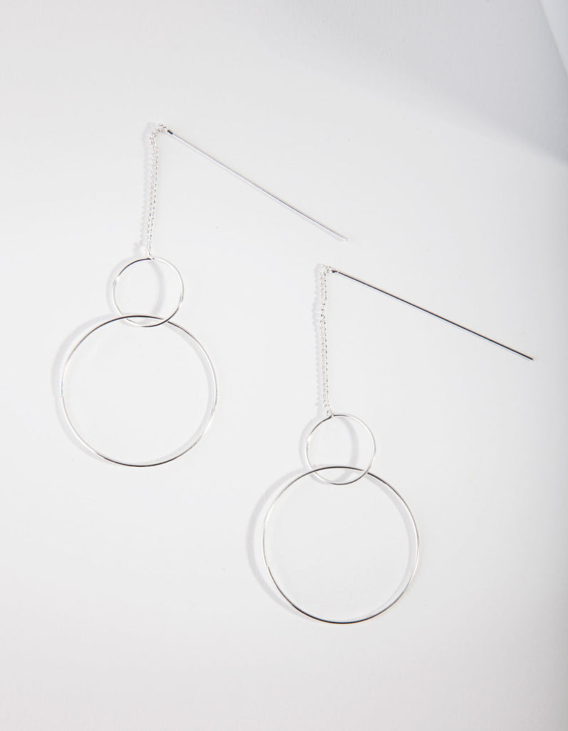 Silver Fine Double Circle Drop Earrings