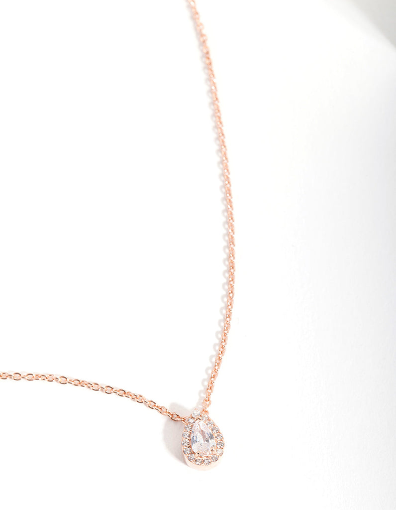 Rose Gold Plated Sterling Silver Cubic Zirconia Pear Halo Necklace