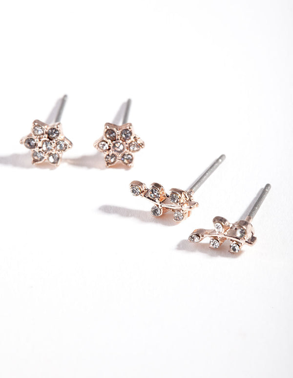 Rose Gold Diamante Flower Stud Earring Pack