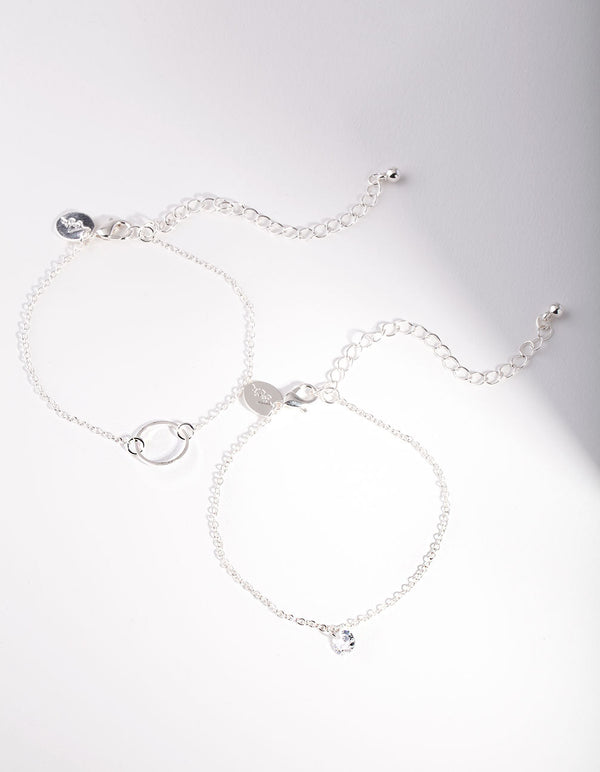 Silver Open Circle Diamante Bracelet Pack
