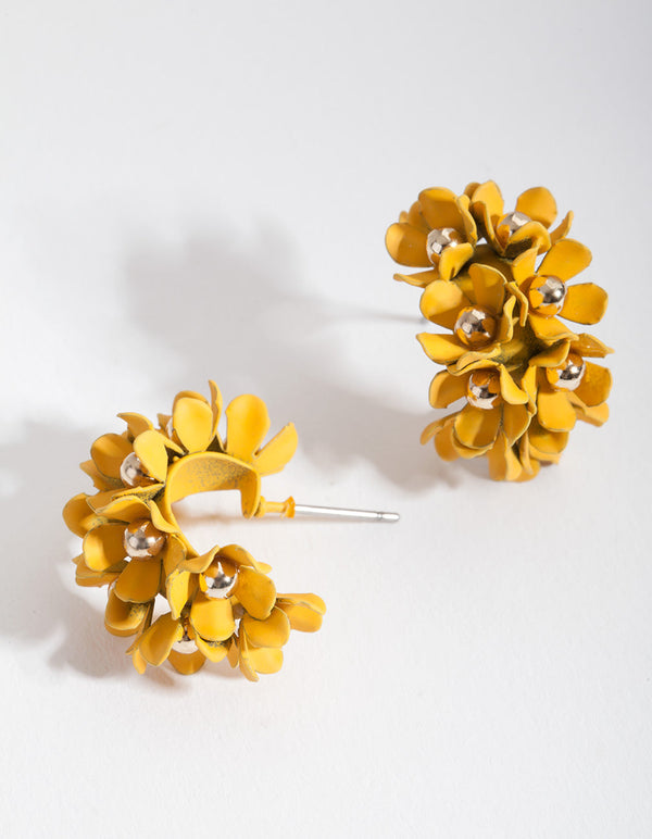 Yellow Mini Cluster Flower Hoop Earrings