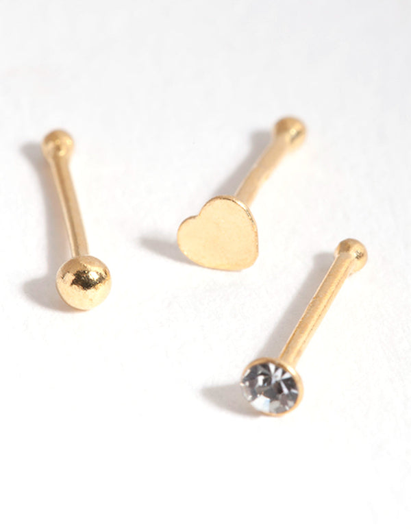 Gold Plated Sterling Silver Heart Nose Stud Pack
