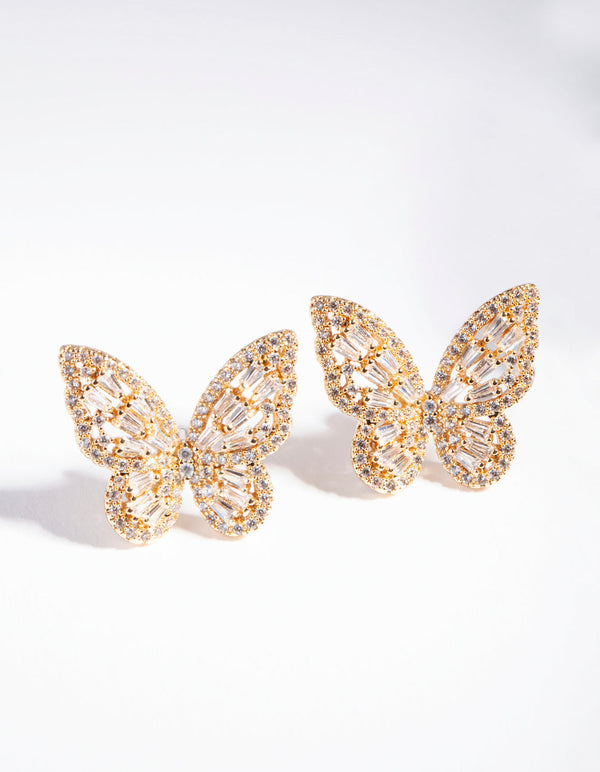 Gold Diamond Simulant Butterfly Stud Earrings