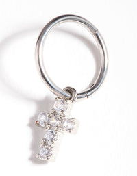 Rhodium Surgical Steel Cubic Zirconia Cross Charm Belly Ring - link has visual effect only