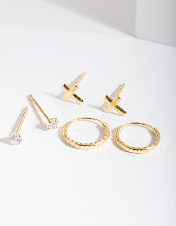 Gold Plated Sterling Silver Cubic Zirconia Cross Earring Pack