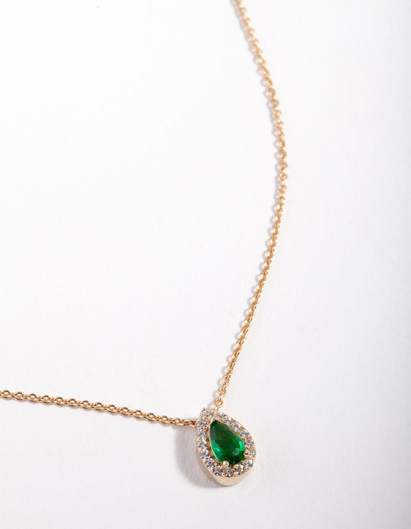 Gold Plated Sterling Silver Green Pear Halo Necklace