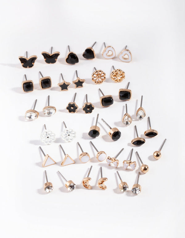 Gold & Dark Feminine Stud Earring 16-Pack