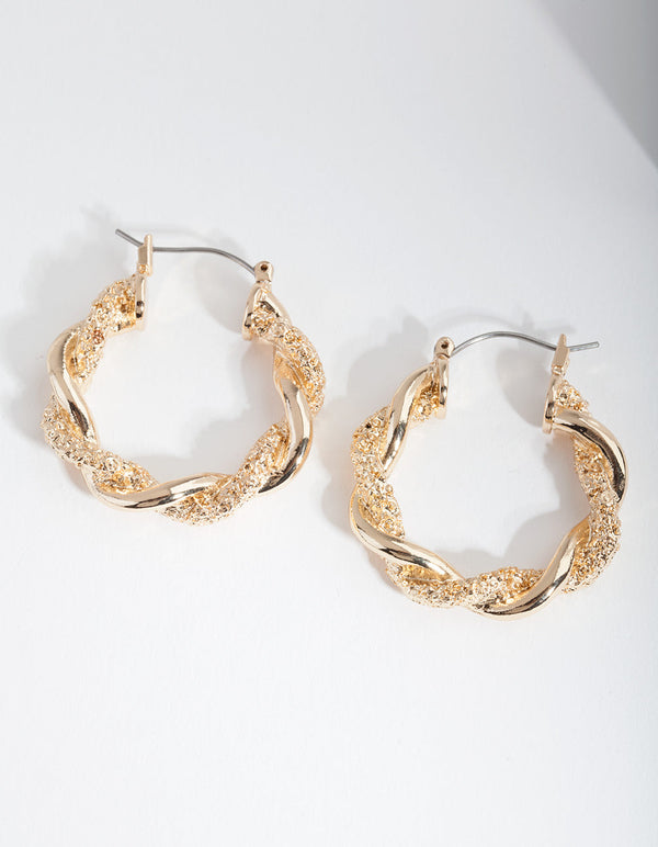 Gold Textured Twist Hoop Earrings