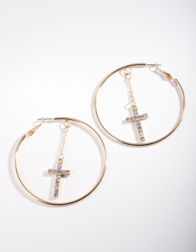 Gold Diamante Cross Drop Hoop Earrings
