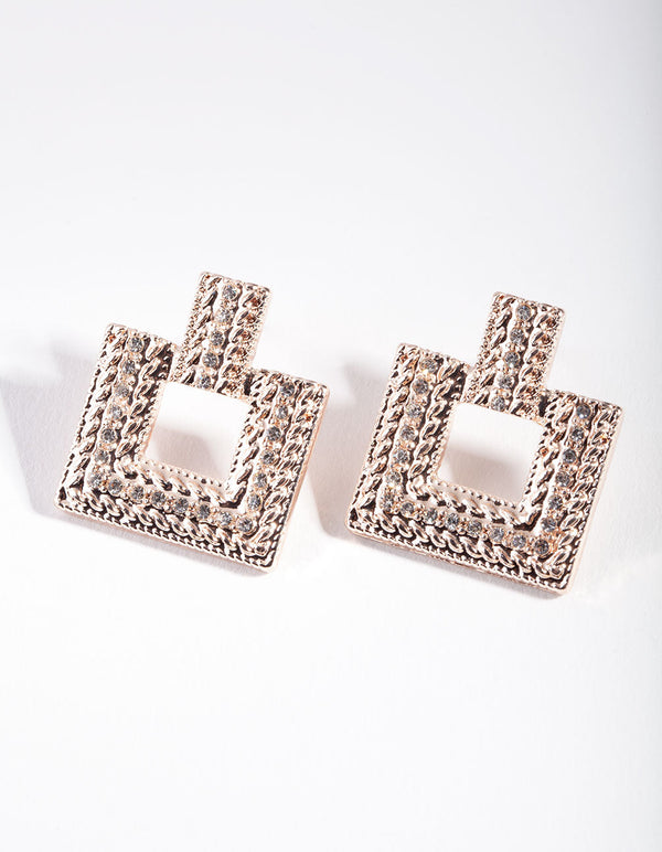 Rose Gold Mini Diamante Square Drop Earrings