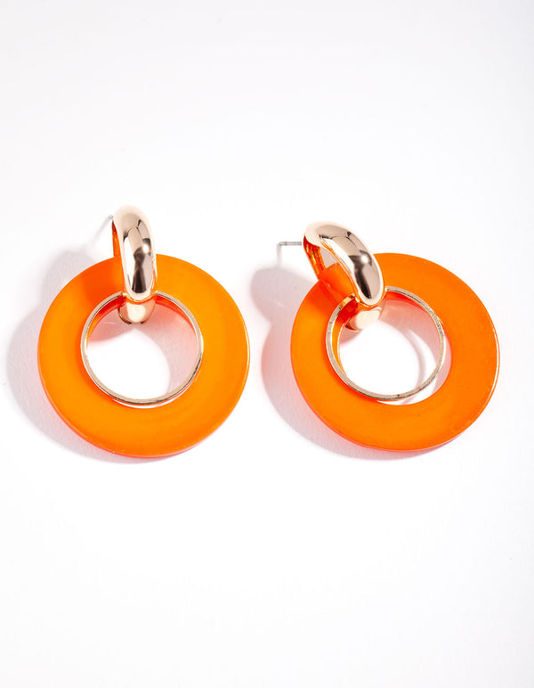 Gold Orange Double Hoop Drop Earrings