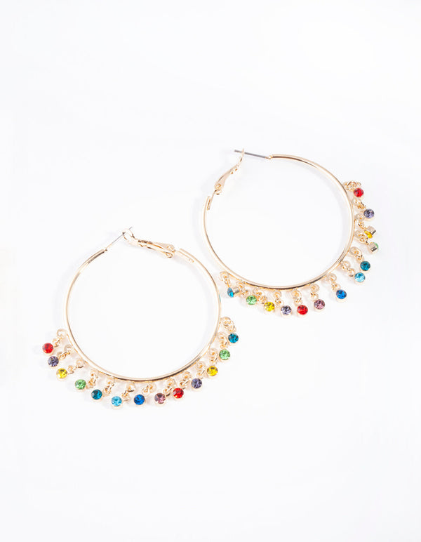 Gold Hoop Rainbow Diamante Charm Earrings