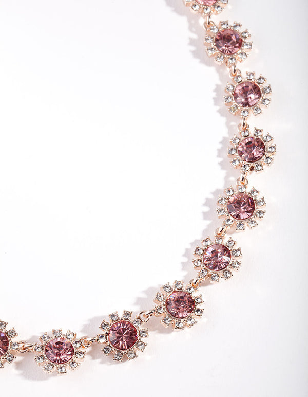 Rose Gold Diamante Gem Flower Chain Necklace