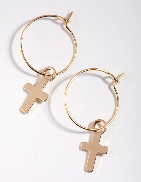 Gold Simple Cross Hoop Earrings
