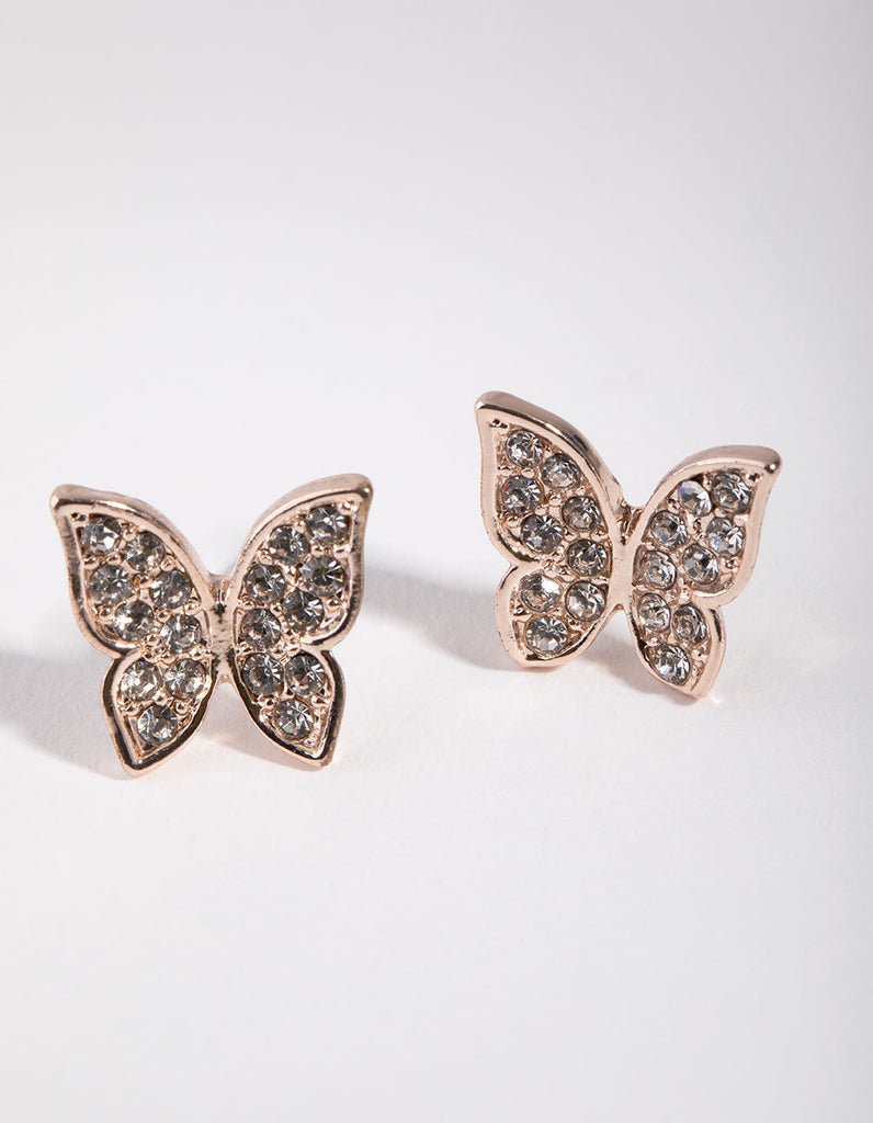 Rose Gold Diamante Butterfly Stud Earrings