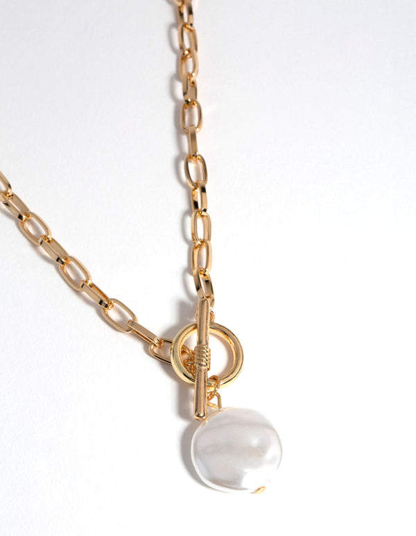 Gold Pearl Tab Bar Necklace
