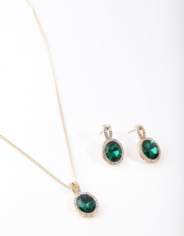 Gold Green Halo Necklace & Earrings Set