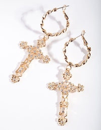 Gold Rope Hoop Filigree Cross Earrings - link has visual effect only