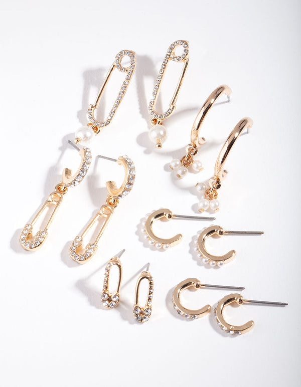 Gold Diamante Safety Pin Earring Pack