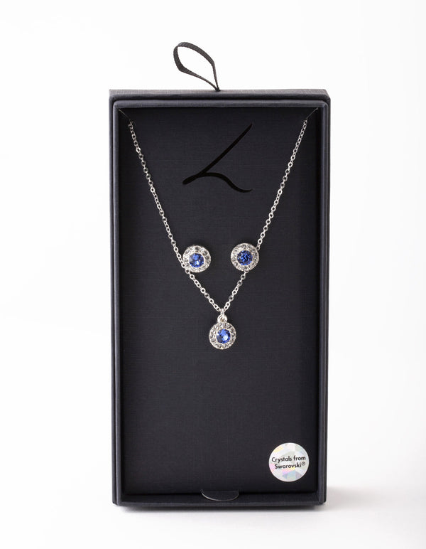 Silver Sapphire Diamante Circle Necklace & Earrings