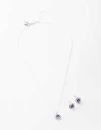 Silver Sapphire Diamante Circle Necklace & Earrings - link has visual effect only
