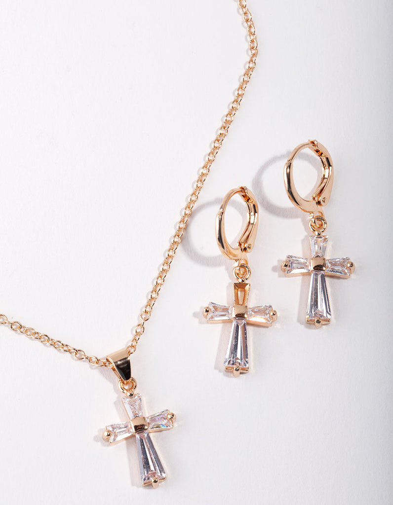 Gold Cross Necklace & Earrings