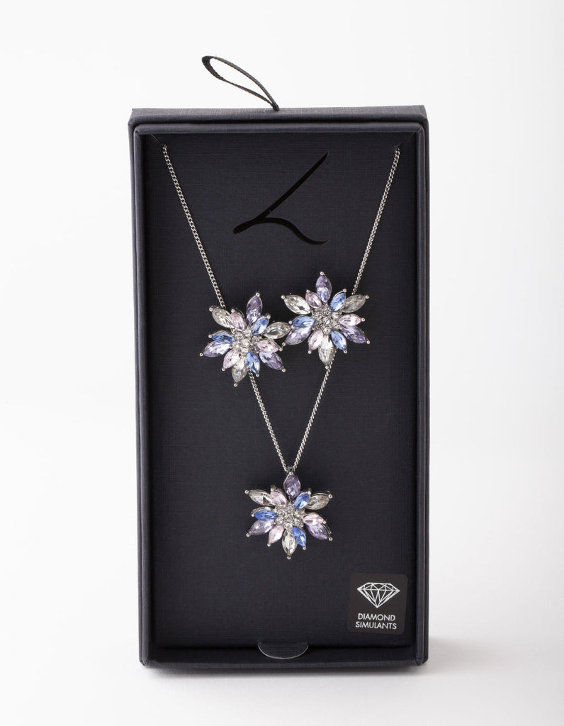 Rhodium Flower Earring & Necklace Set