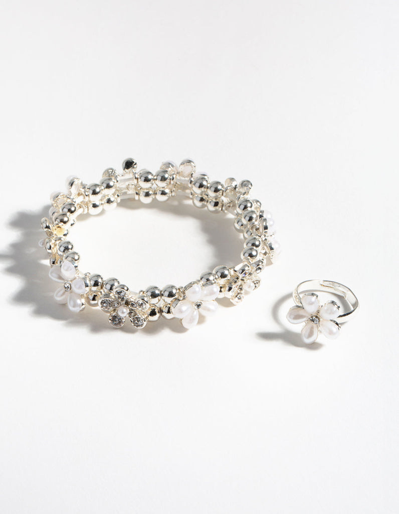Kids Silver Flower Bracelet & Ring Set