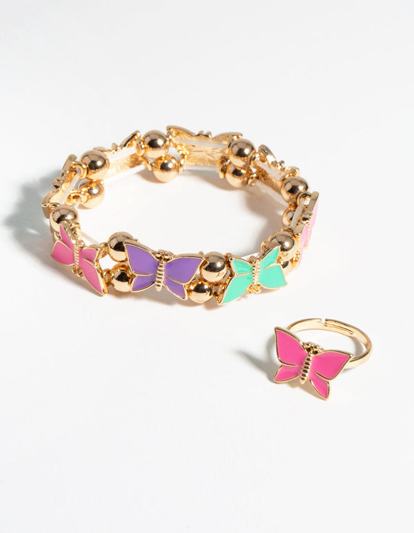 Kids Gold Enamel Butterfly Stretch Bracelet & Ring