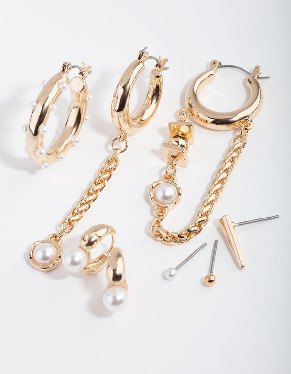 Gold Macro Chain Pearl Earring Pack