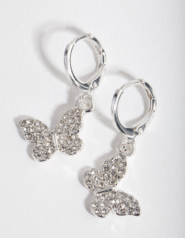 Silver Diamante Butterfly Huggie Earrings