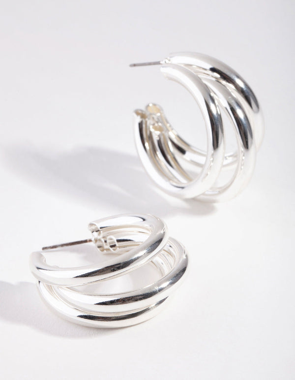 Silver 3-Row Hoop Earrings