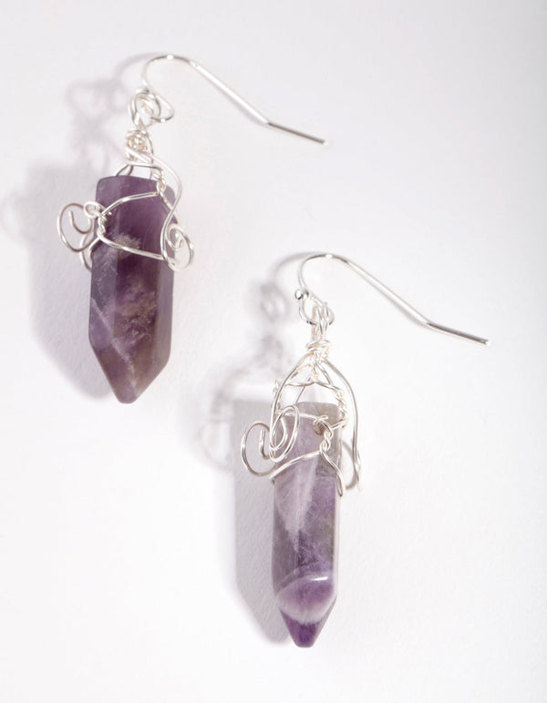 Silver Coil Wrap Purple Stone Earrings