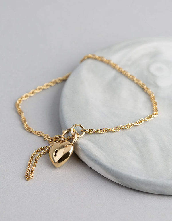 Gold Plated Sterling Silver Heart Padlock Hidden Clasp Bracelet